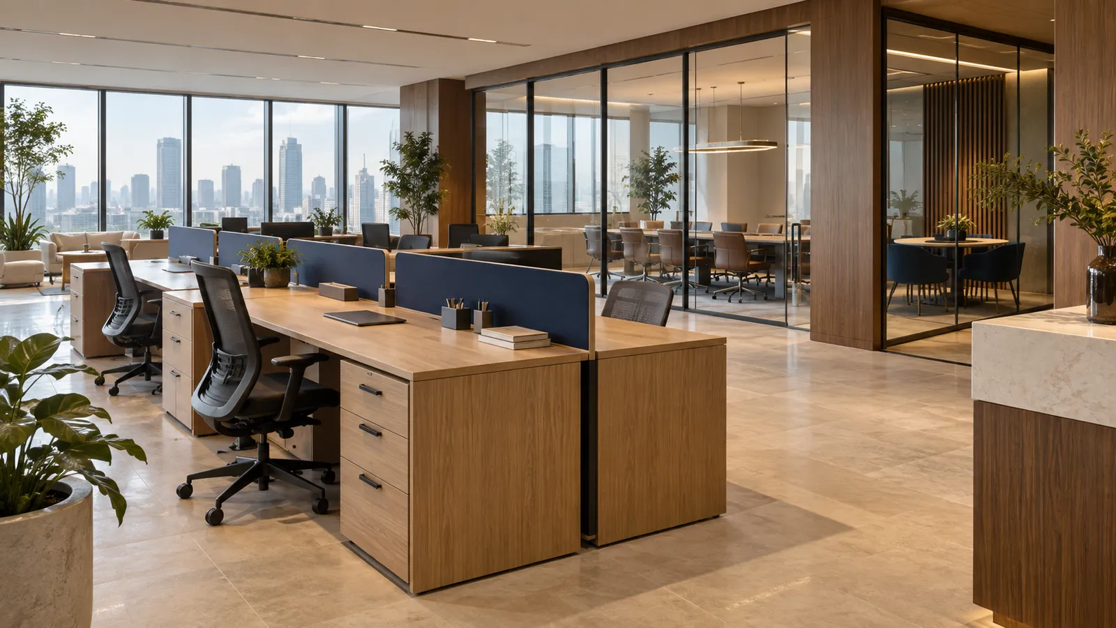 Light-filled workplace with oak desks and navy dividers