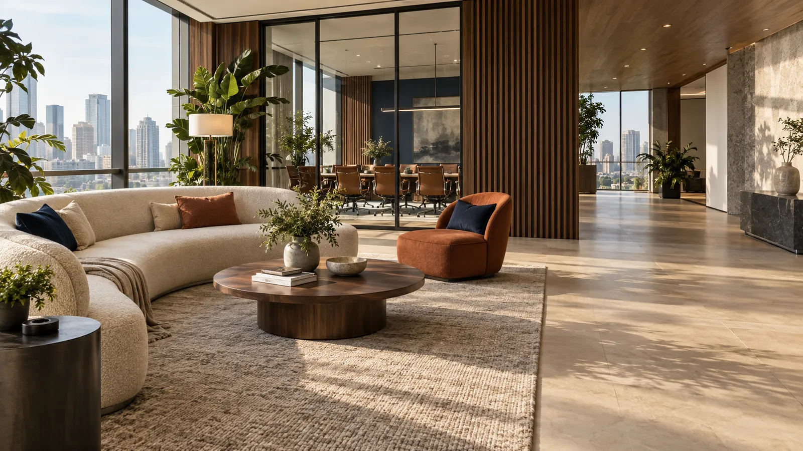 Warm modern office lounge with a curved cream sofa, walnut details, and glass meeting room