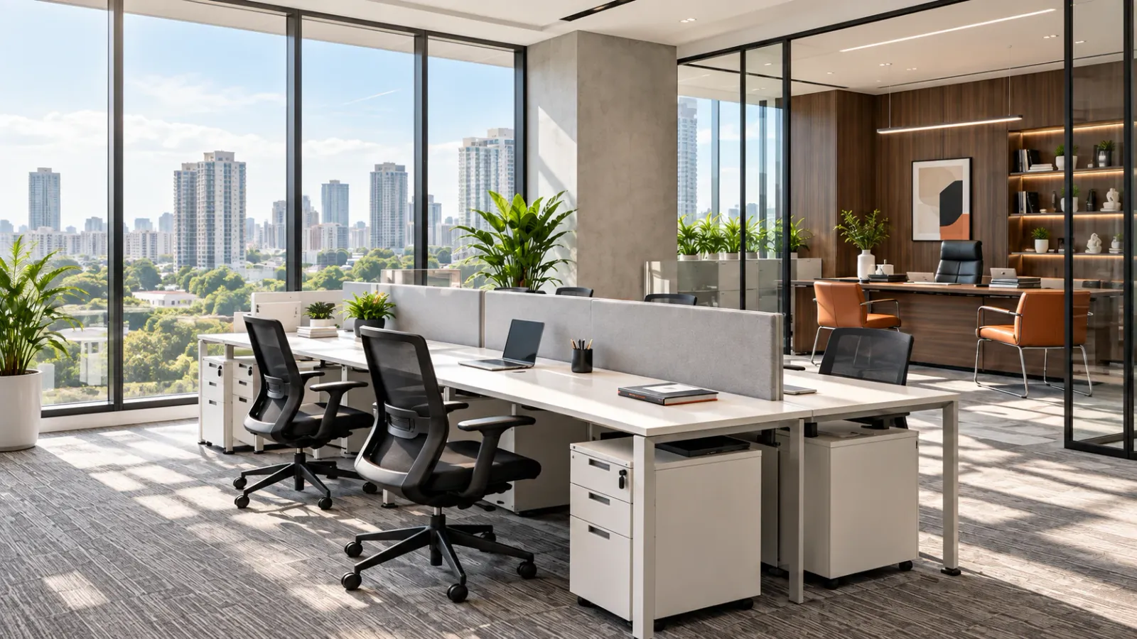Warm office lounge with glass meeting room and custom wood detailing